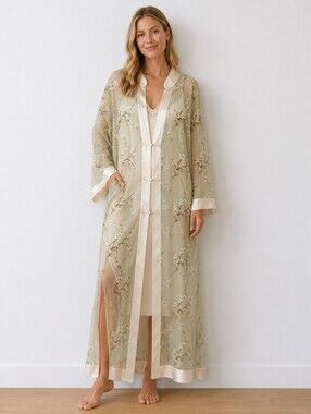 Dreamsacks Silk Floral Sheer Robe Kimono Sz S/M Oriental Light Green Cream Trim